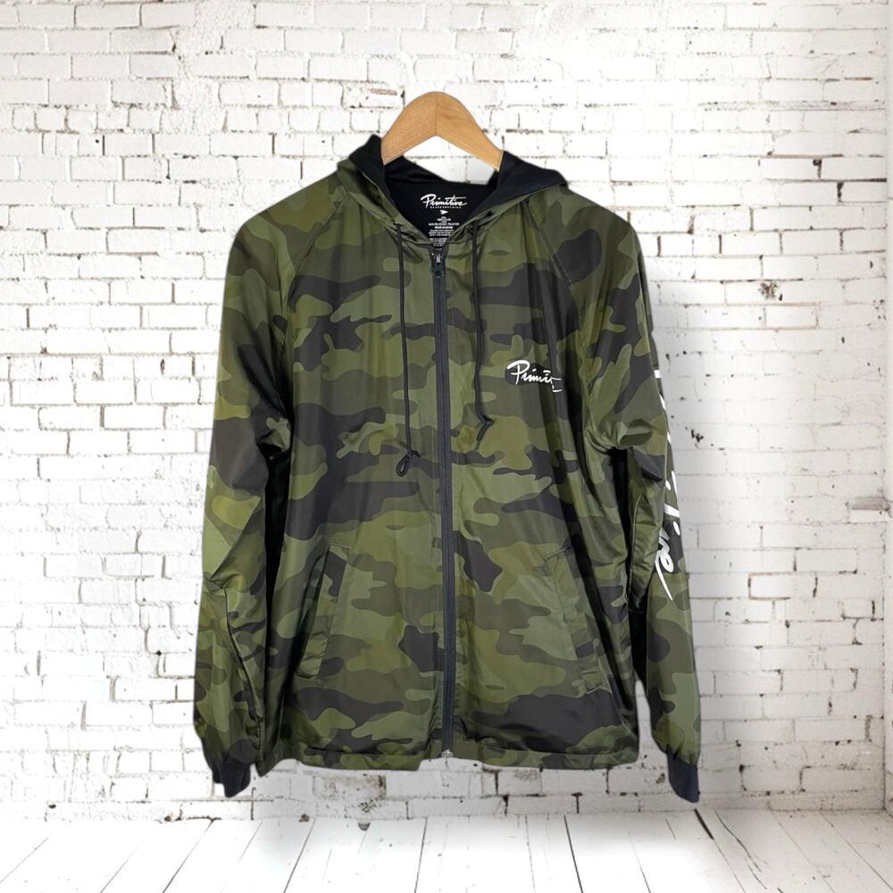 Primitive Men's Script Camo Hooded Full Zip Windbreaker Jacket Green Size Small